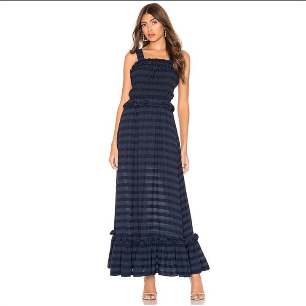 Tularosa Navy Blue Stripe Ruffle Ida Maxi Dress S